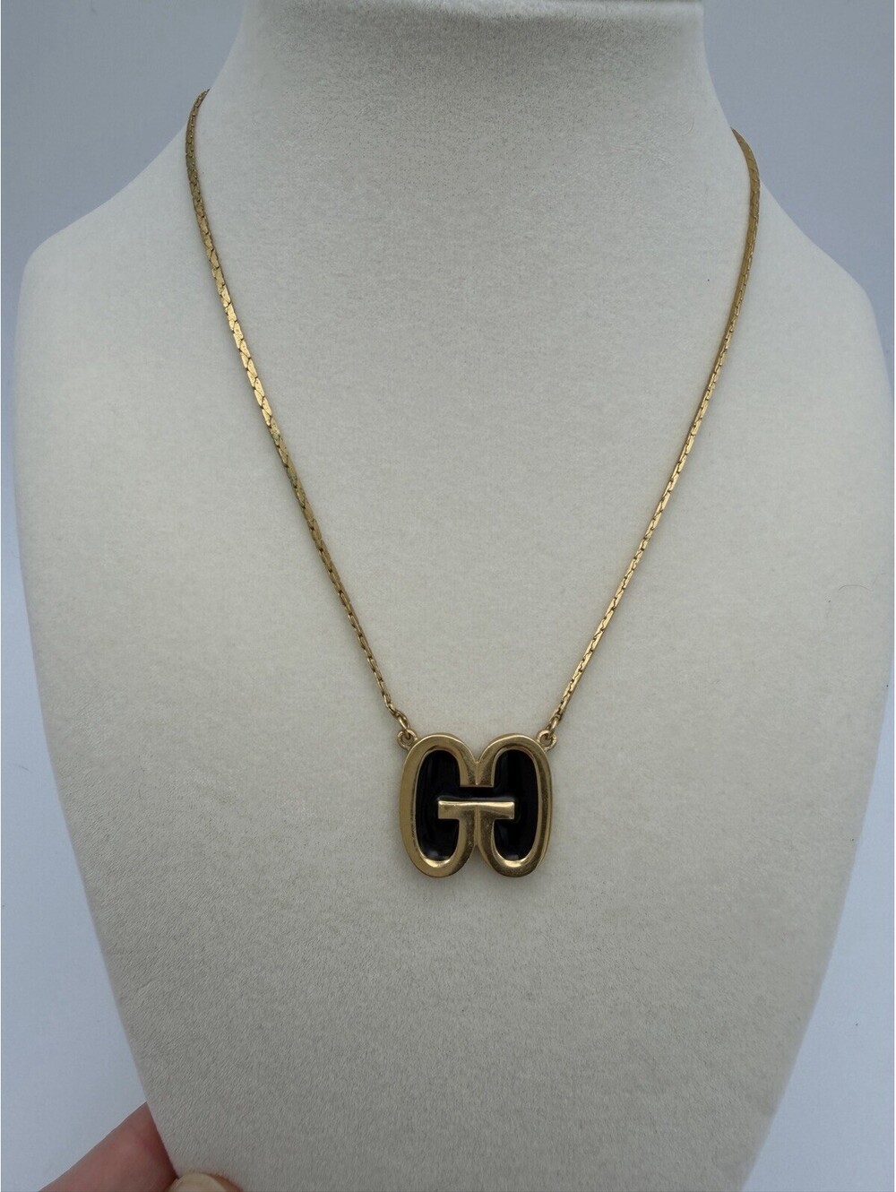 Vintage 1980 GIVENCHY Double G Gold Plated Black Enamel Pendant Necklace
